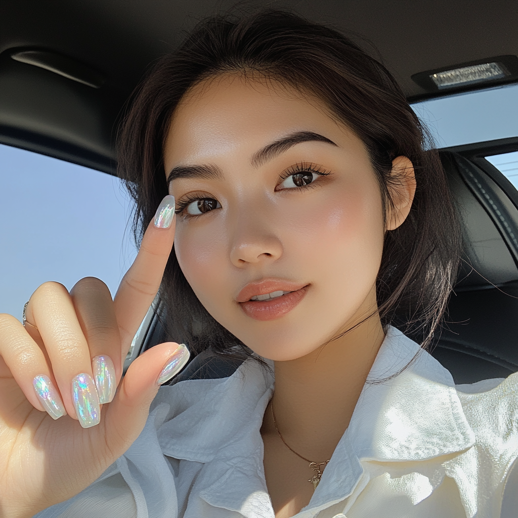 Candid Asian woman shows off new white nails.