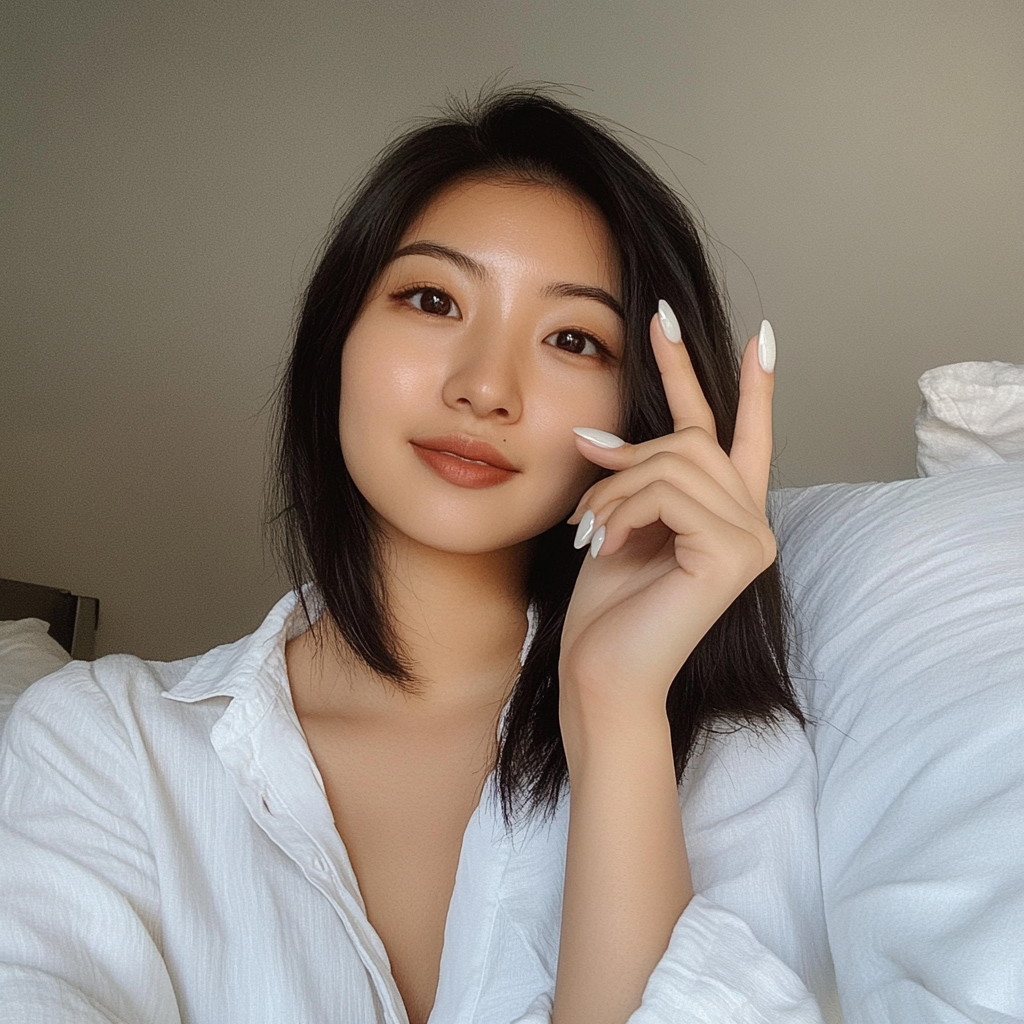 Candid Asian woman shows off white iridescent nails.