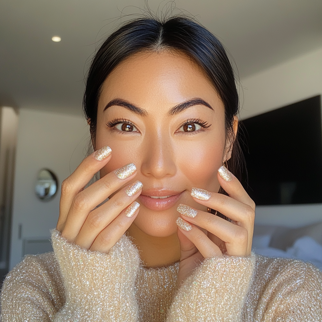 Candid Asian woman with champagne nails shaped almond.