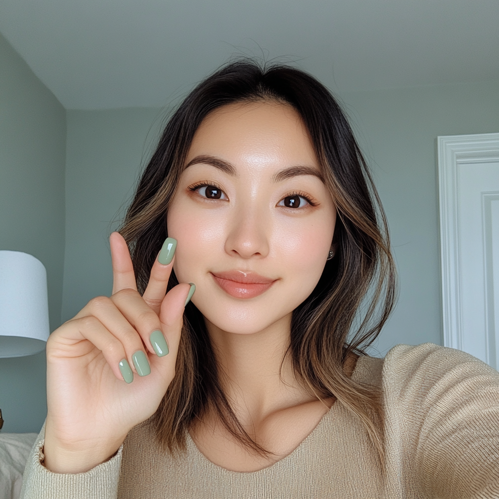 Candid photo of Asian woman showing painted nails.