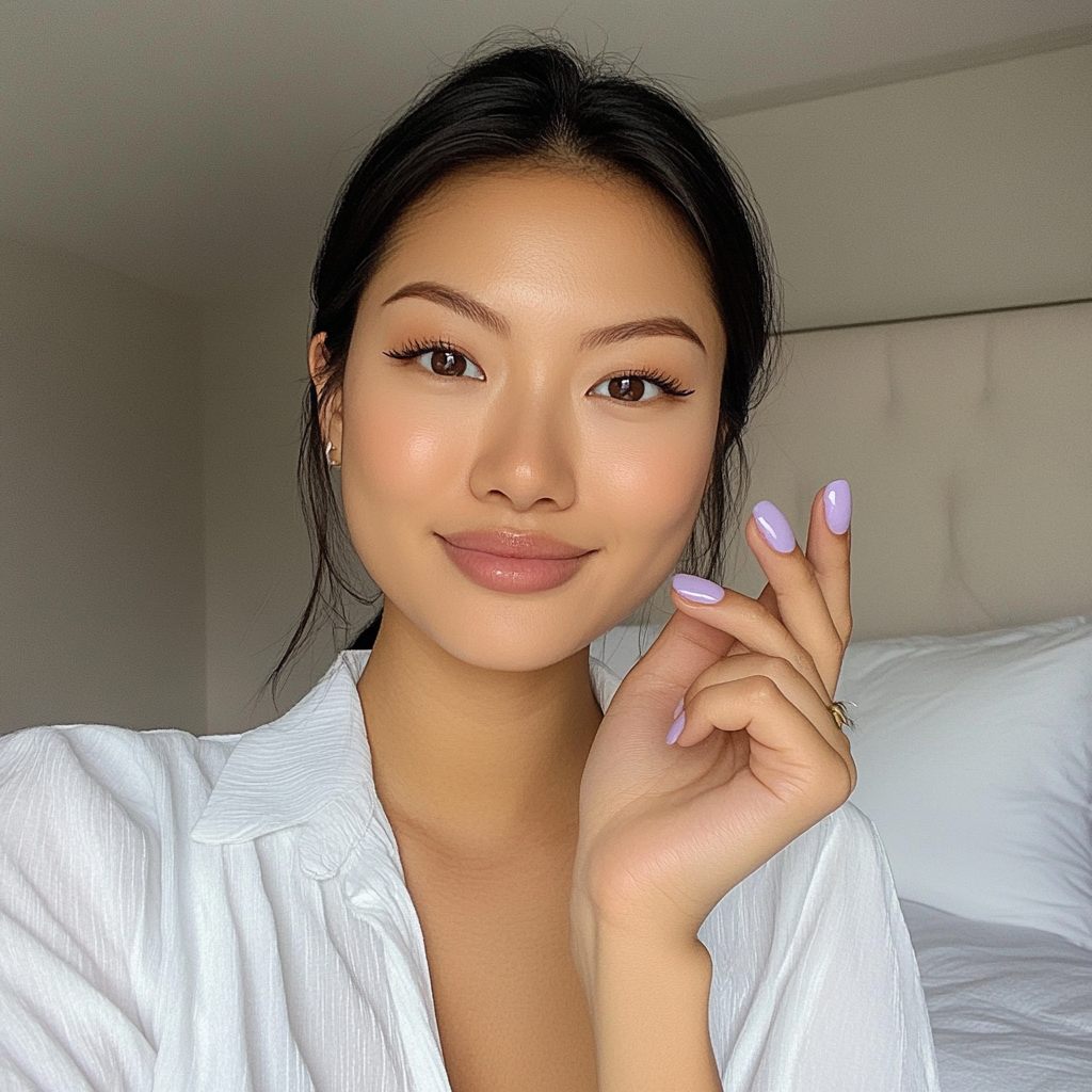 Candid photo of Asian woman with painted nails.