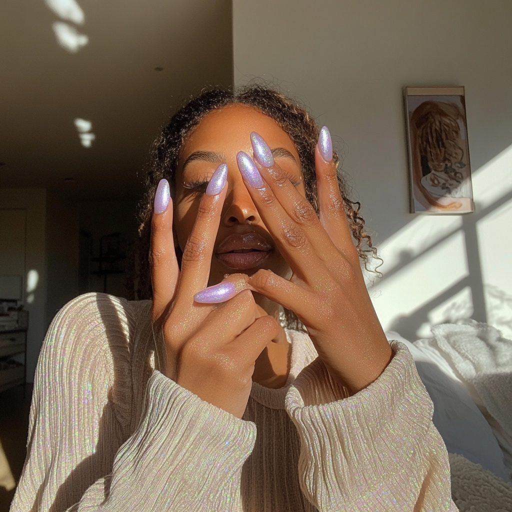 Candid photo of woman showing off lavender nails.