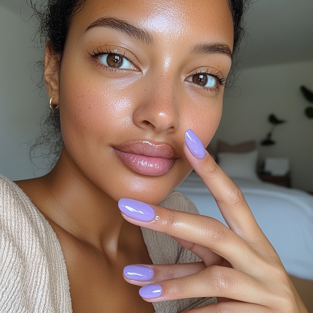 Candid photo of woman with new lilac nails.