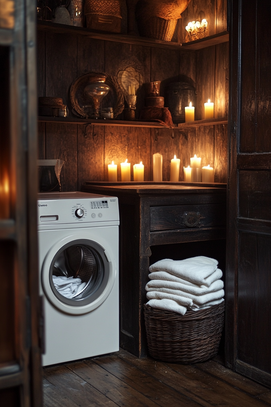 Candlelit laundry room with cowboy and gothic fusion vibes.