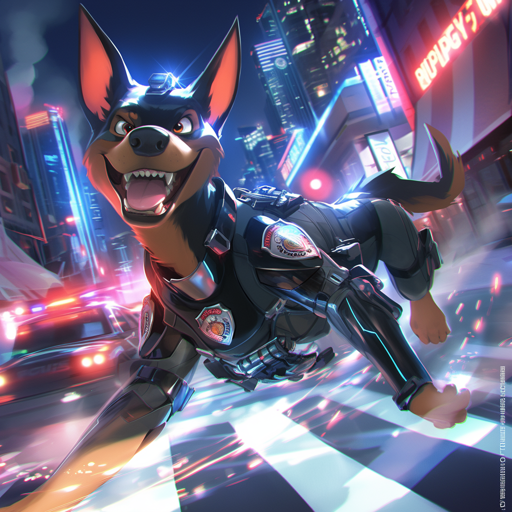 Canine patrol in futuristic police uniform, ready for action.