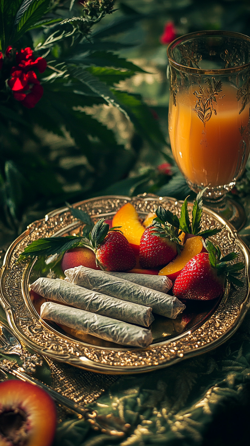 Cannabis joints on gold plates with fruit and juice.