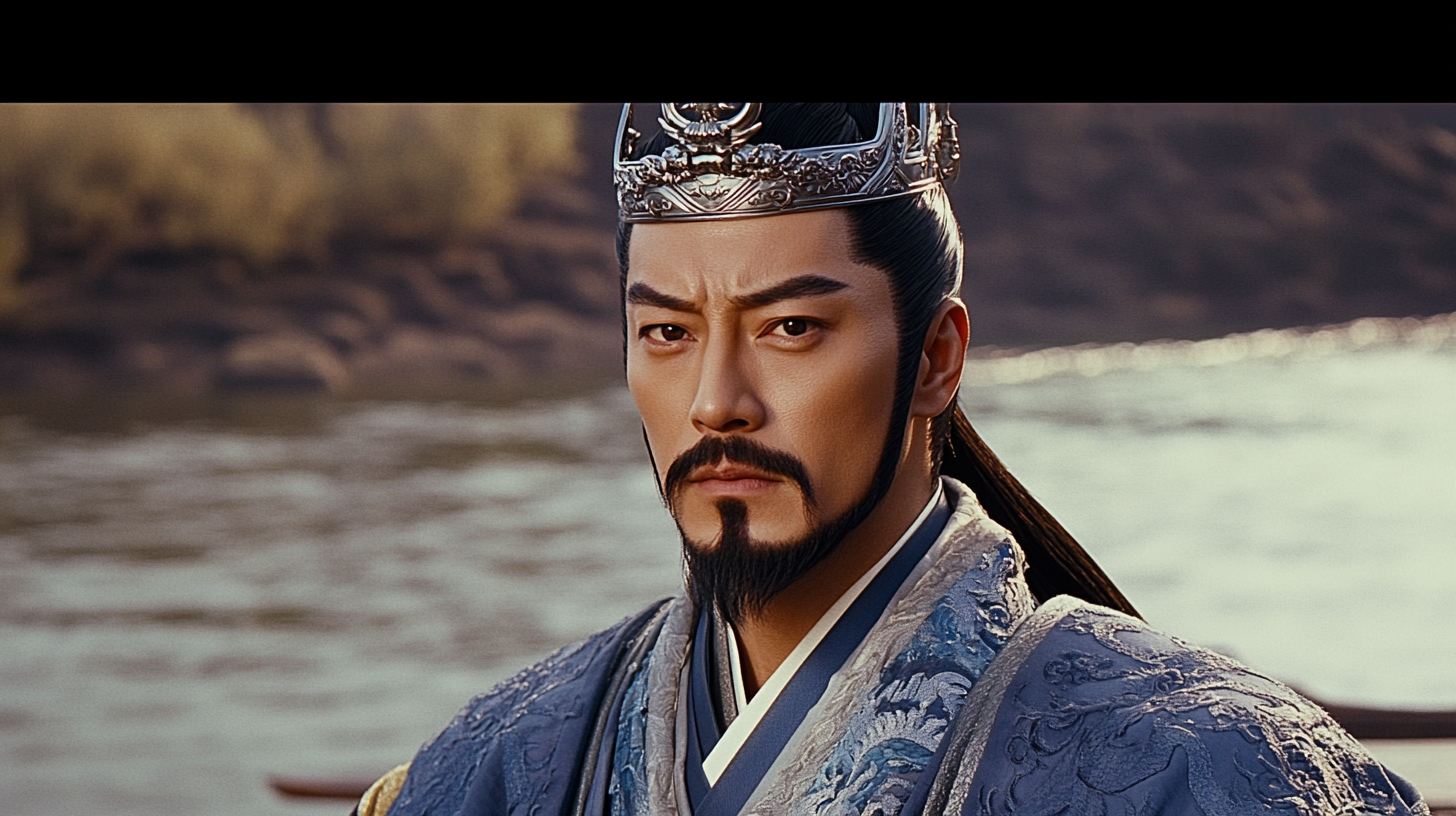 Cao Cao in gray-blue robe and silver crown, confident.