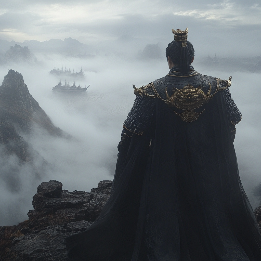 Cao Cao on cliff in black cloak, misty clouds.