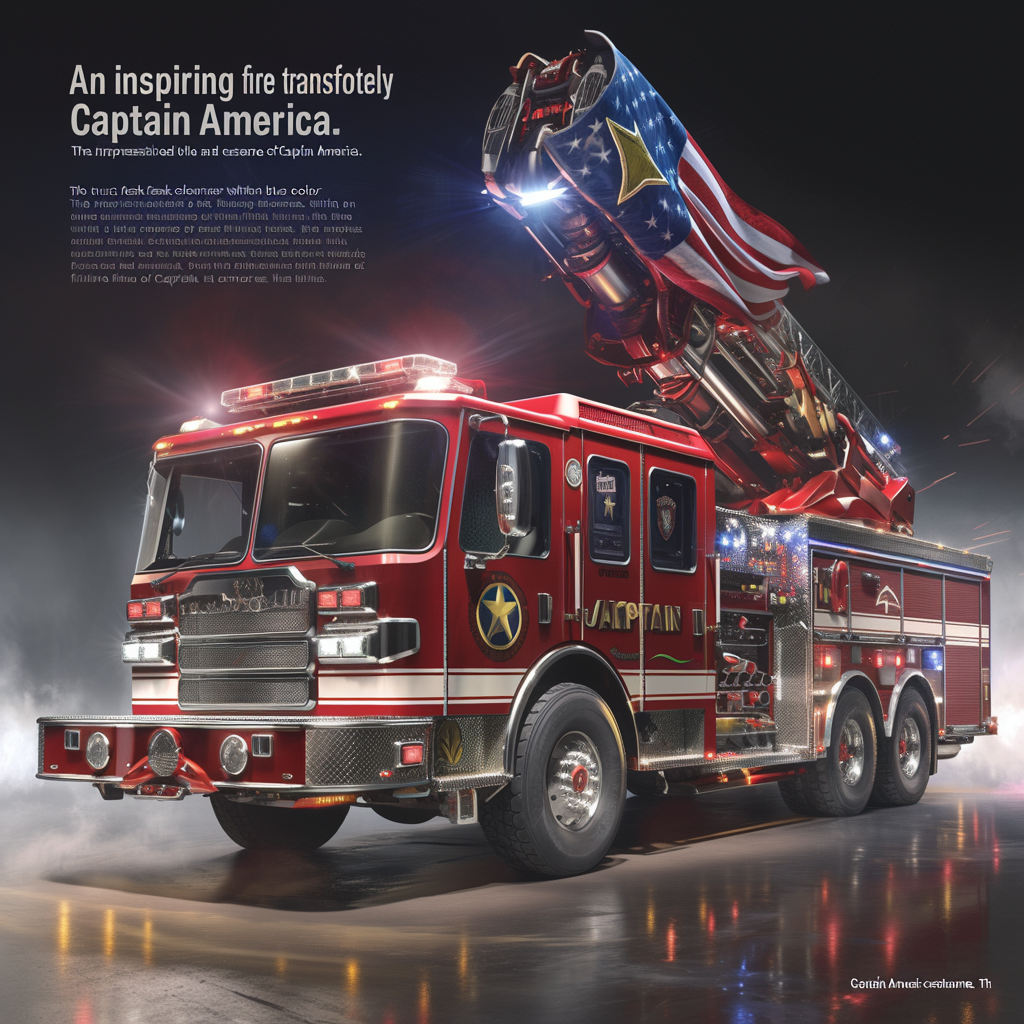 Captain America-themed fire truck with patriotic design and details.