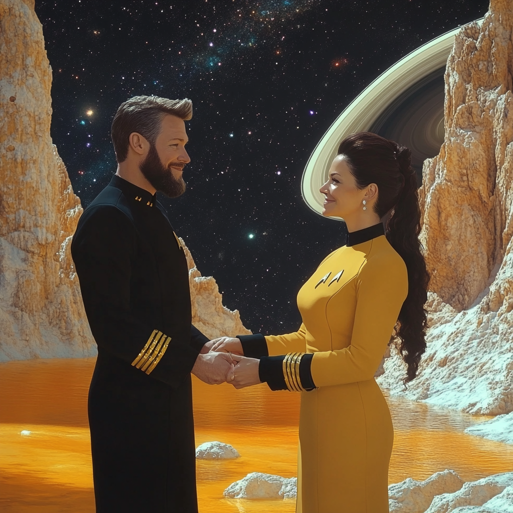 Captain Riker and Deanna Troi embrace by lake.