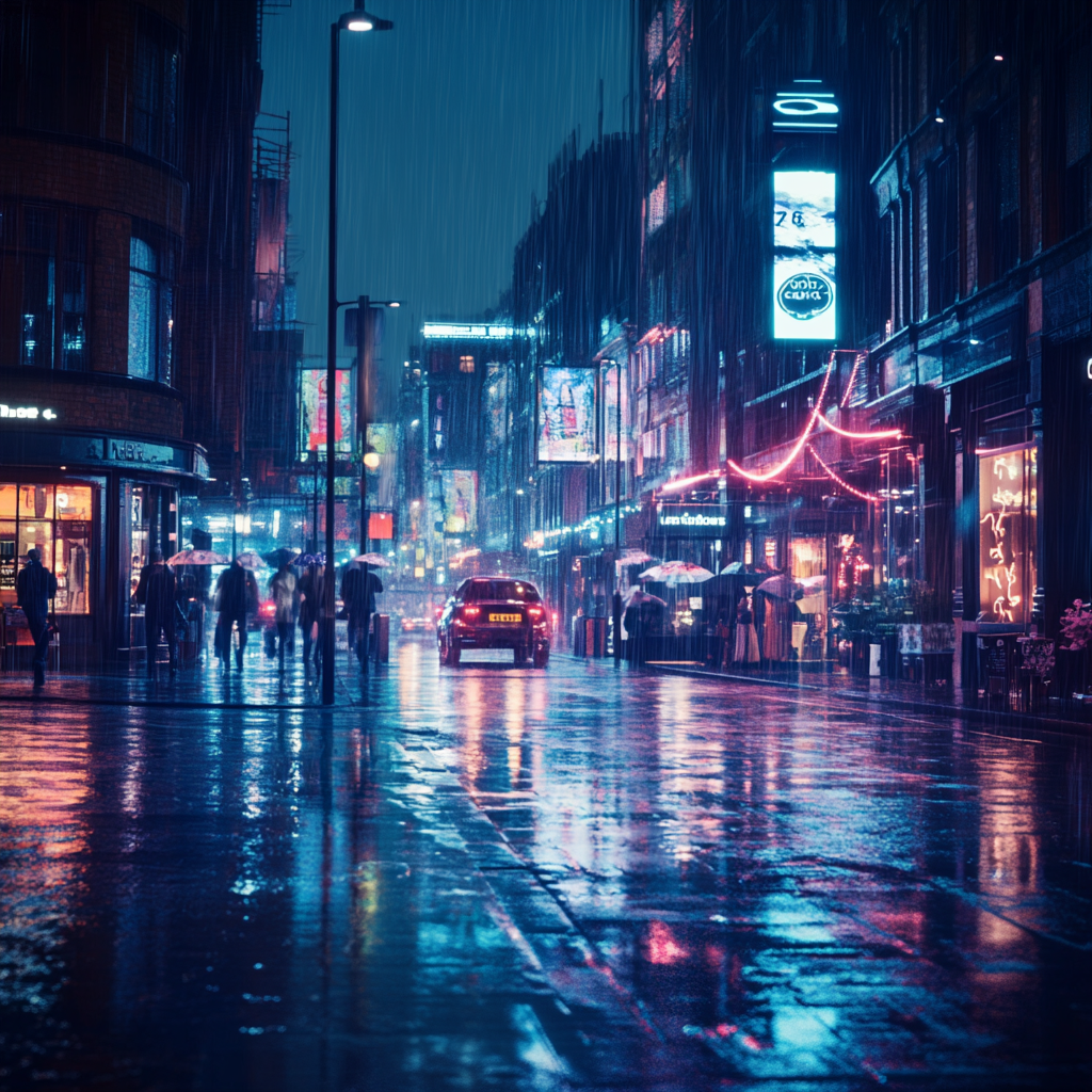 Capture rainy cityscape with city lights reflection, moody atmosphere.