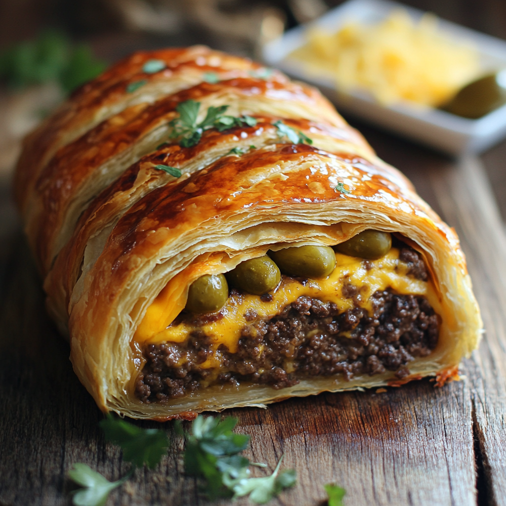 Capture the lacy texture and perfect balance of Cheeseburger Wellington.