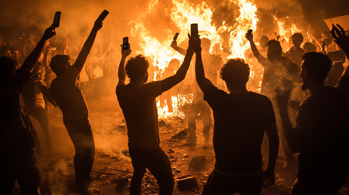 Capturing people at bonfire destroying phones for documentary.