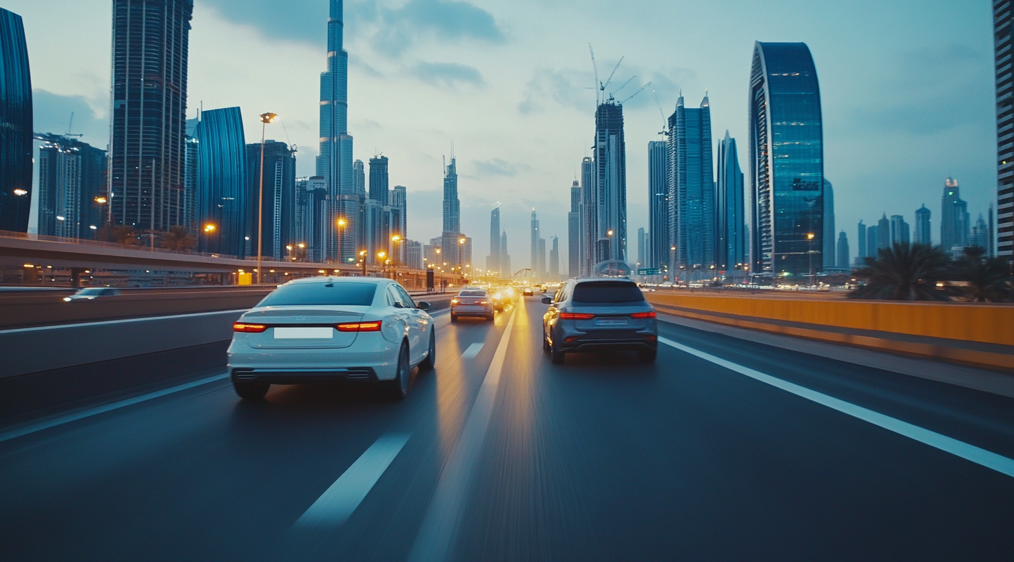 Car driving on highway façade, Dubai identity, cinematic scene.