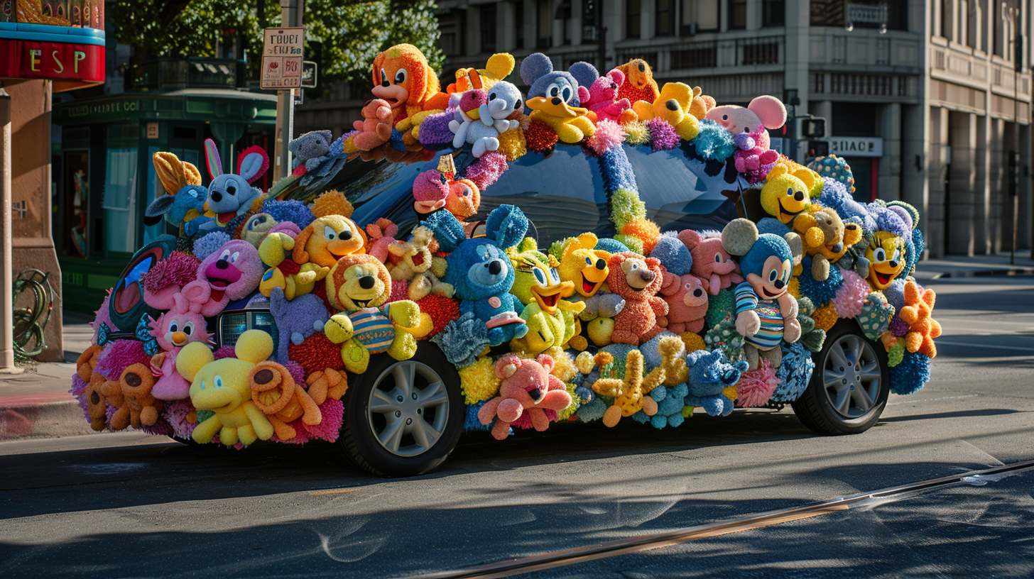 Car made of Disney plush toys in city street.