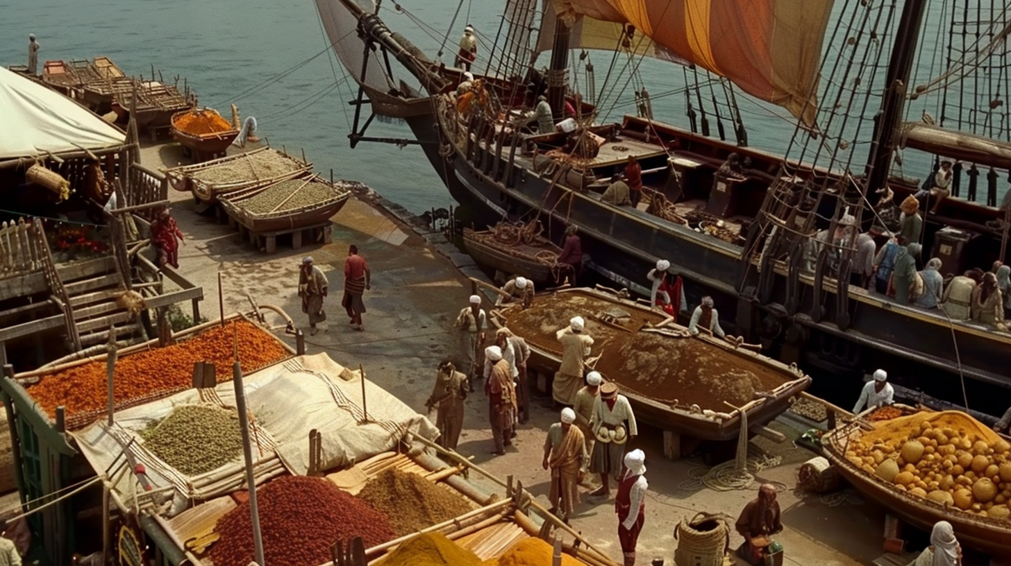 Caravel at Indian port loading spices in 1450