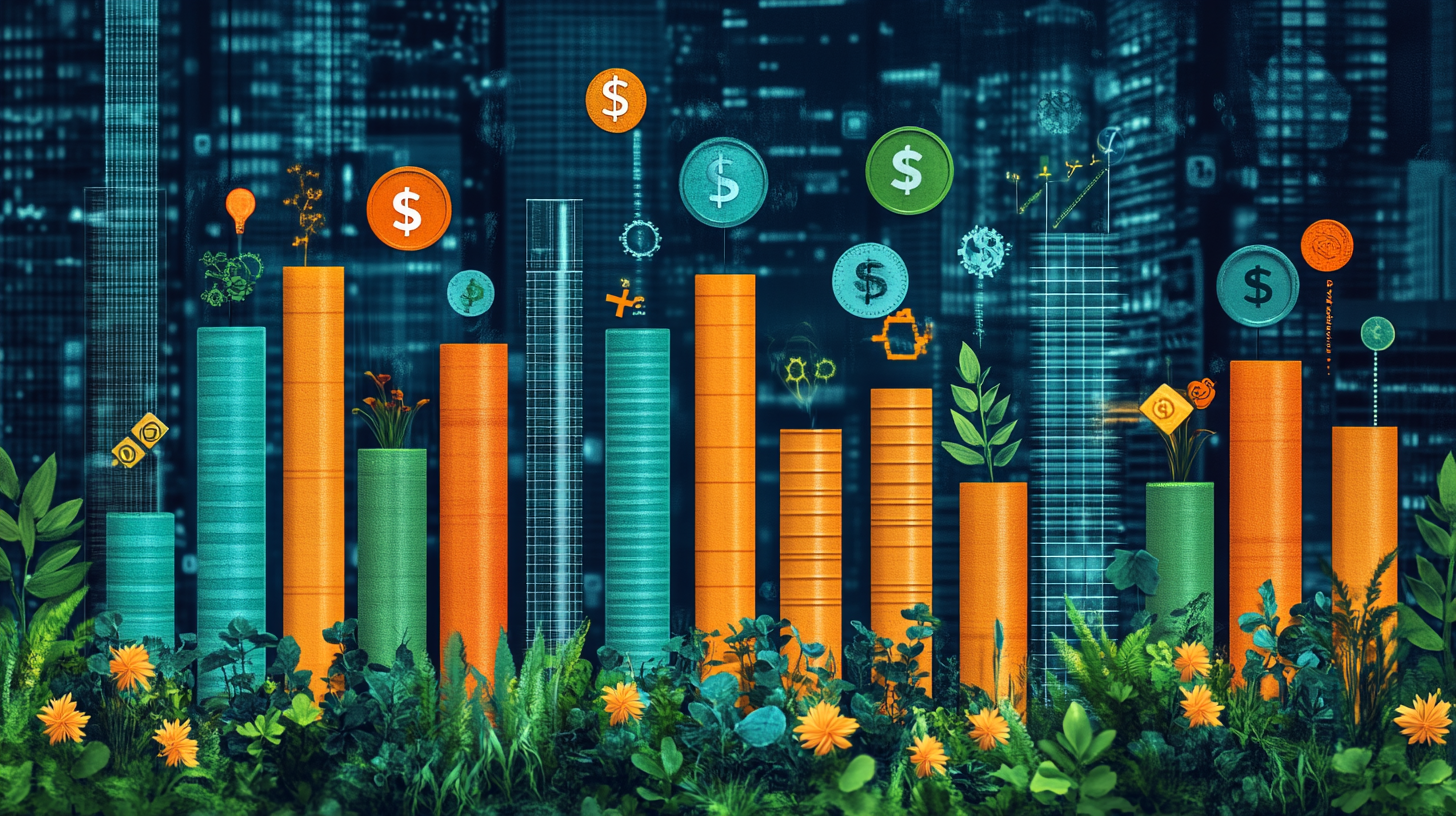 Carbon Market Growth Projection Infographic: Chart to 2050. Highlight company share, dollar signs, energy symbols.