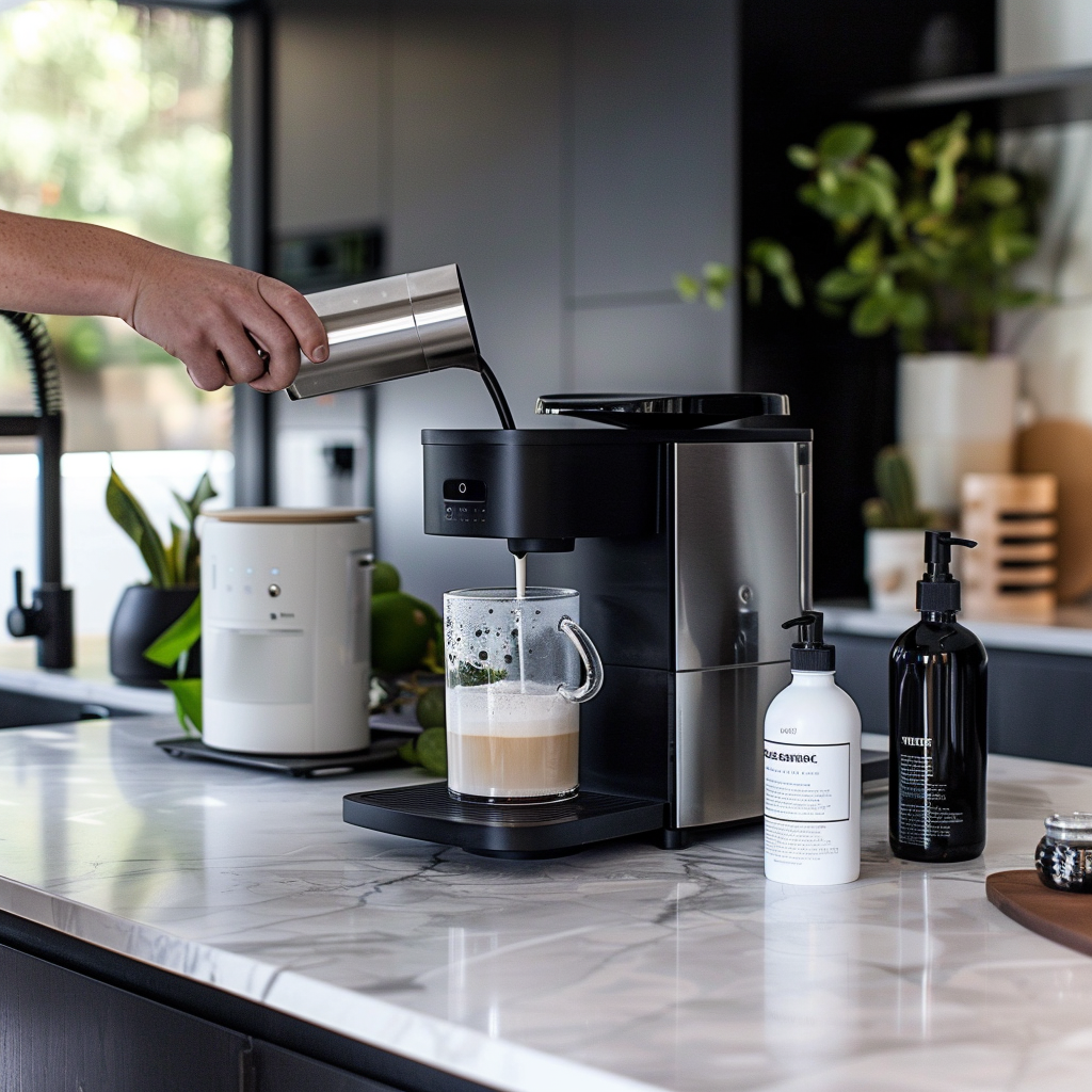 Careful cleaning of coffee machine in modern kitchen.