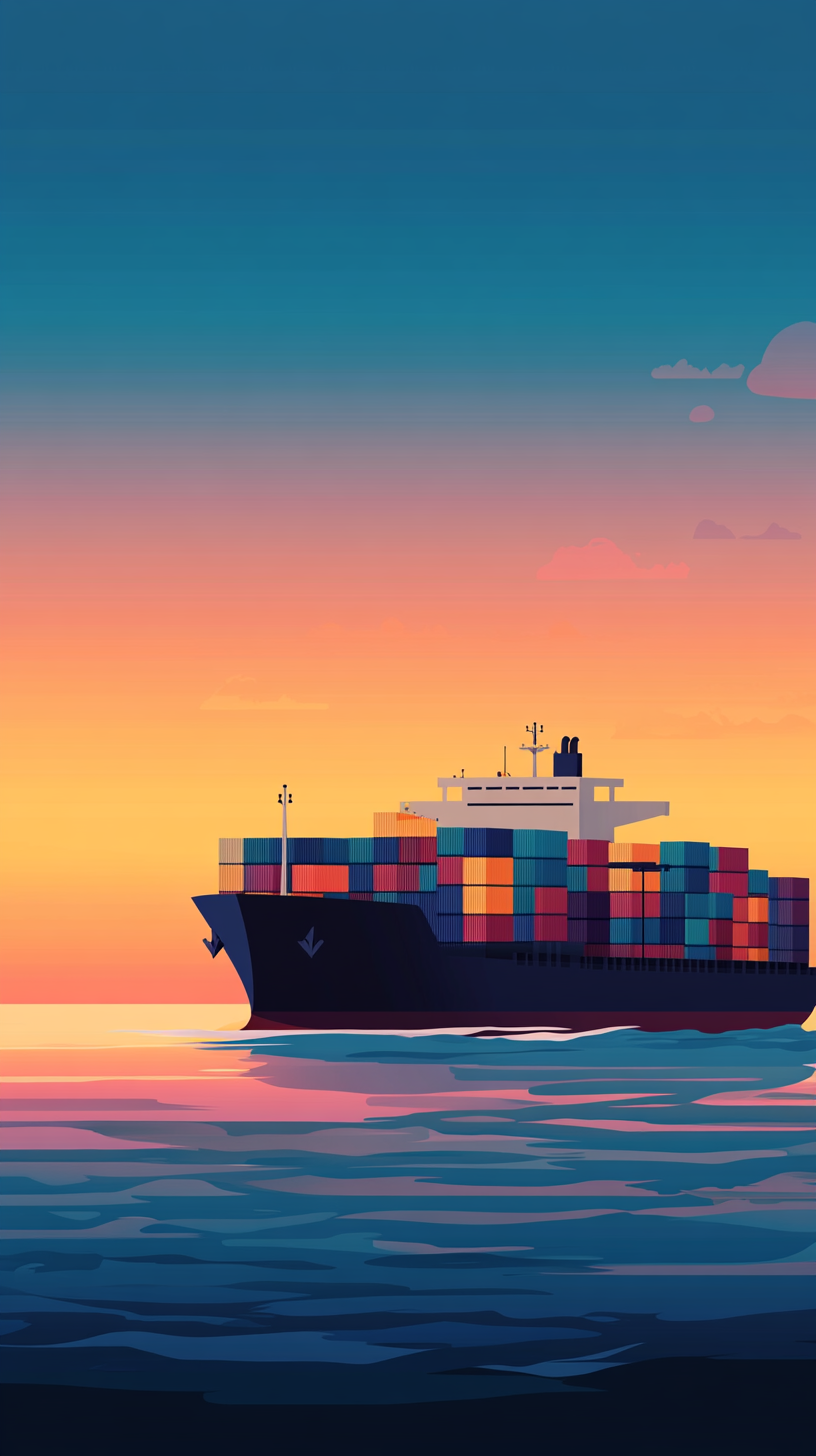 Cargo ship with colorful containers sailing at sunset.