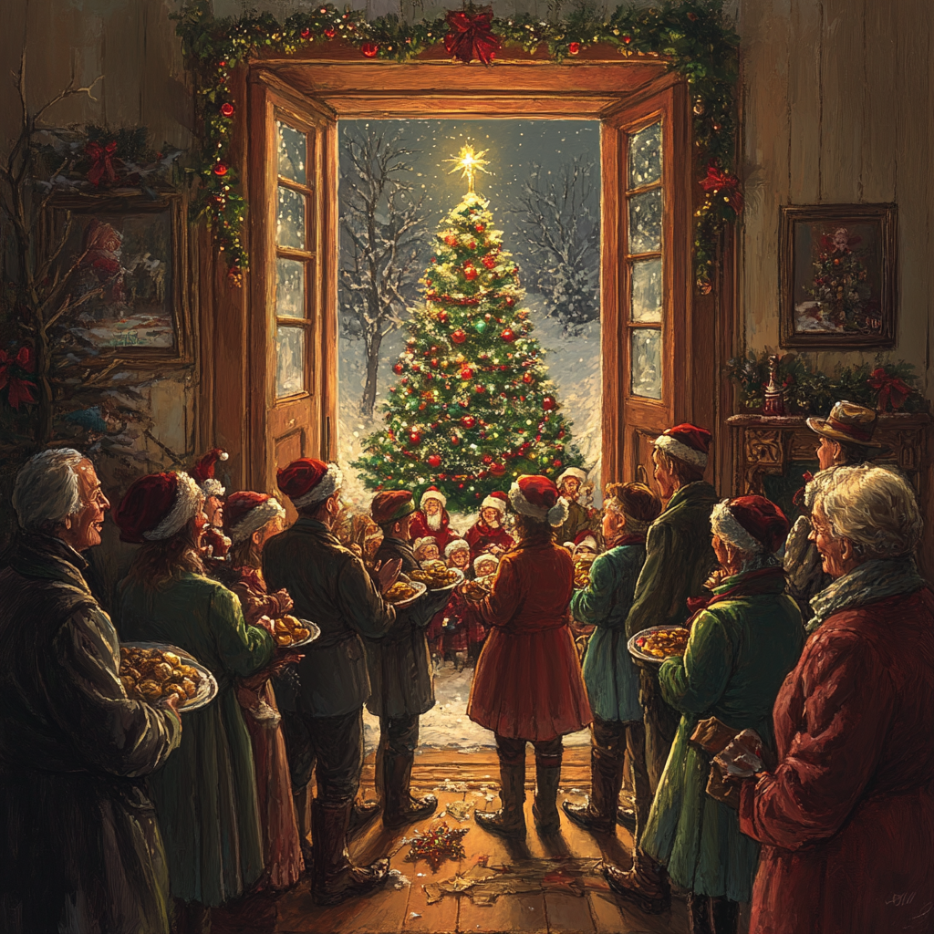 Carolers singing outside a house with Christmas tree.