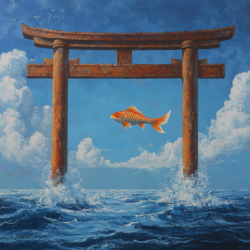 Carp jumps over dragon gate under clear blue sky.