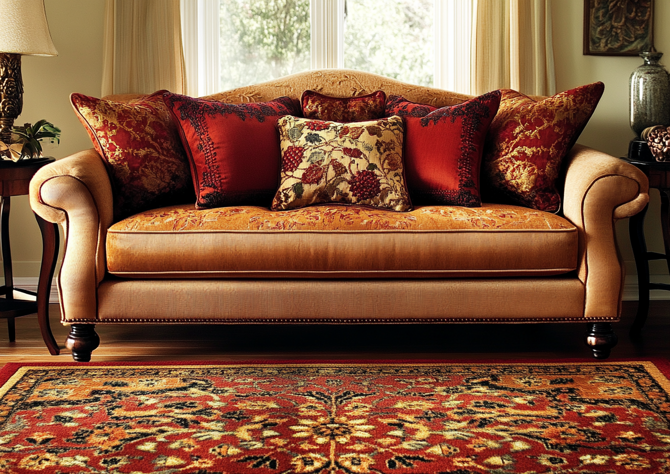 Carpets and pillows in warm autumn colors for holiday.