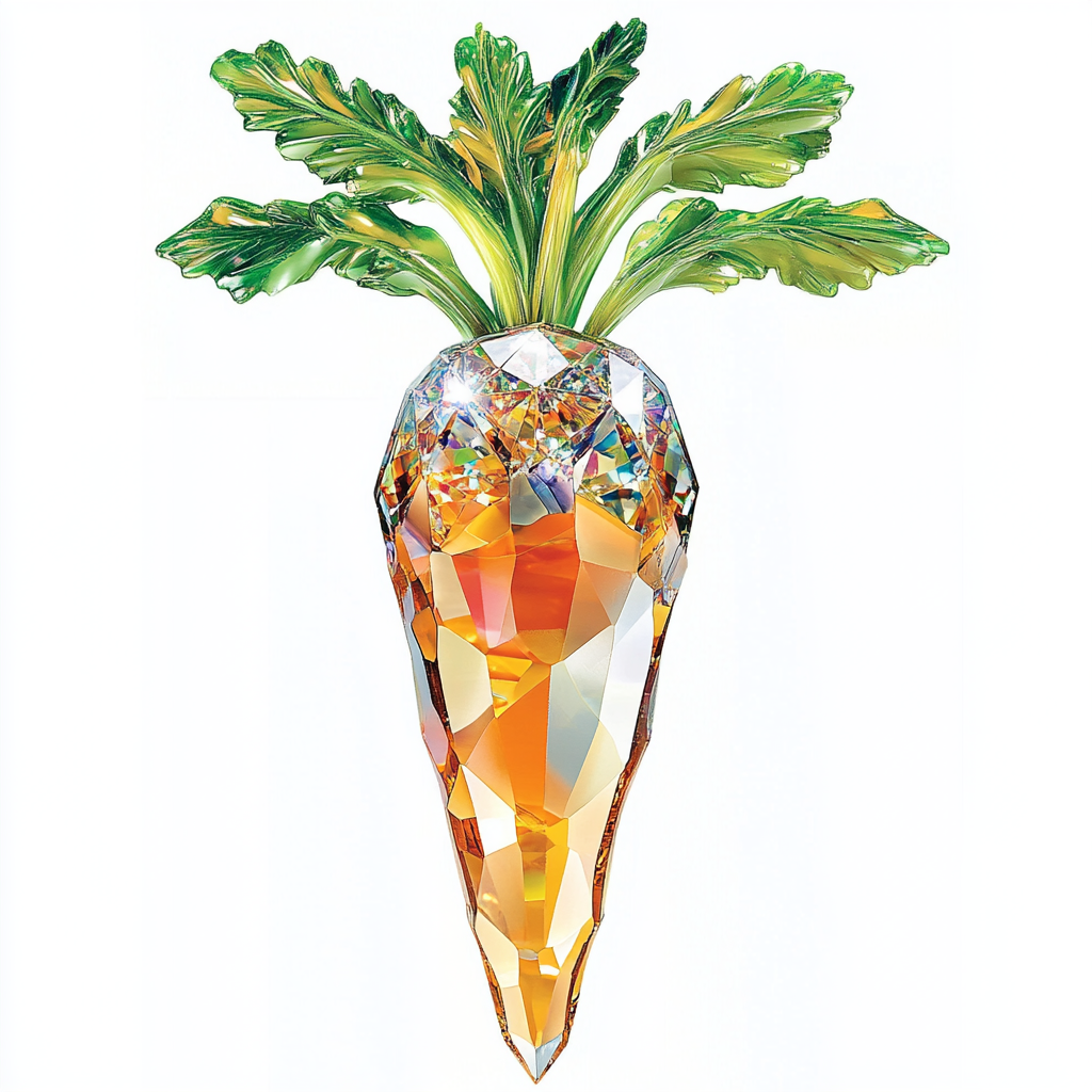 Carrot shape with diamond surface, rainbow hues, luxury nature.