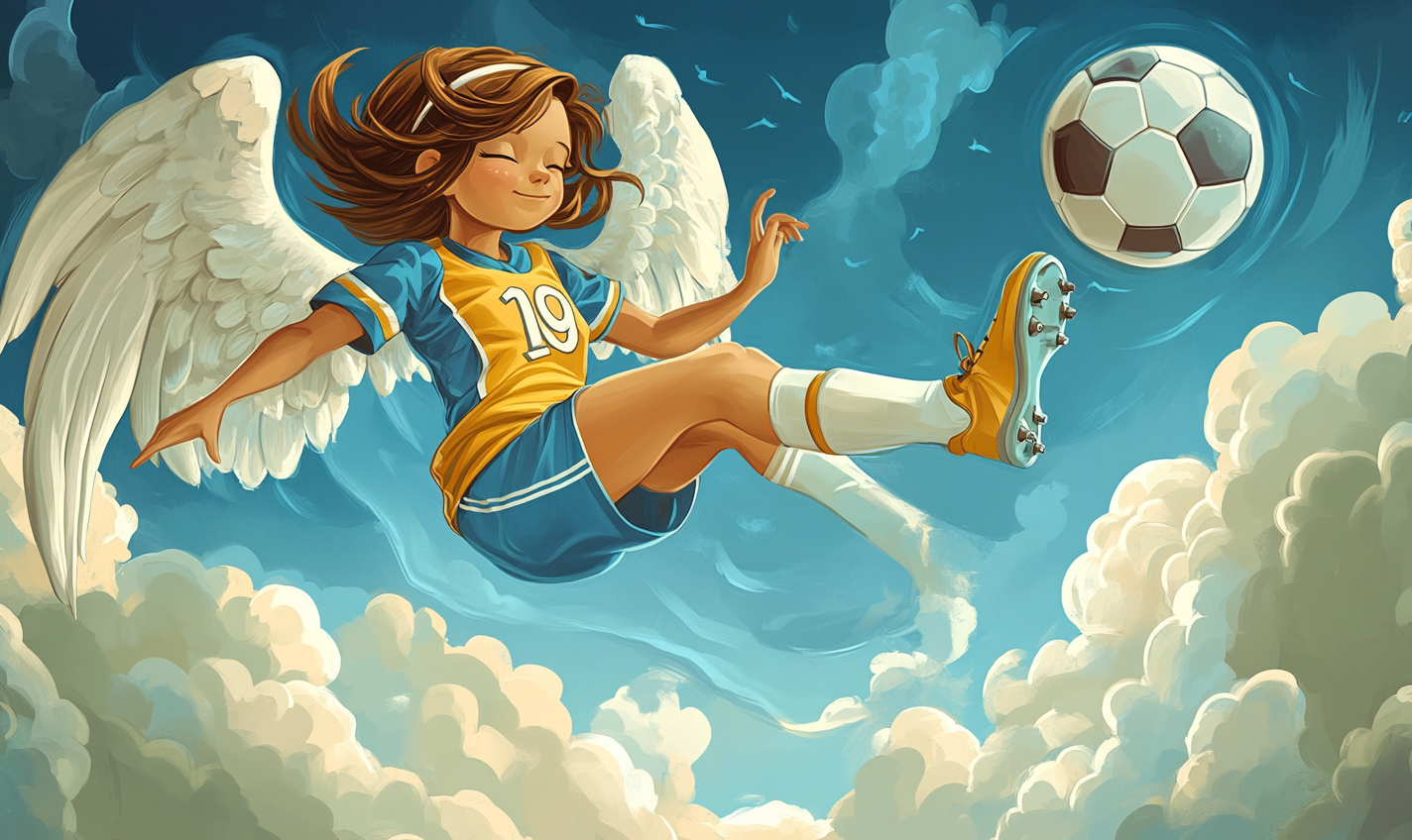 Cartoon 12-Year-Old Soccer Angel in Heavenly Sky 