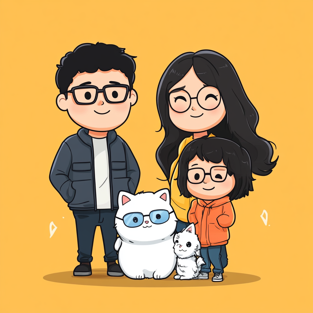 Cartoon Chinese family with black-framed glasses and white cat.