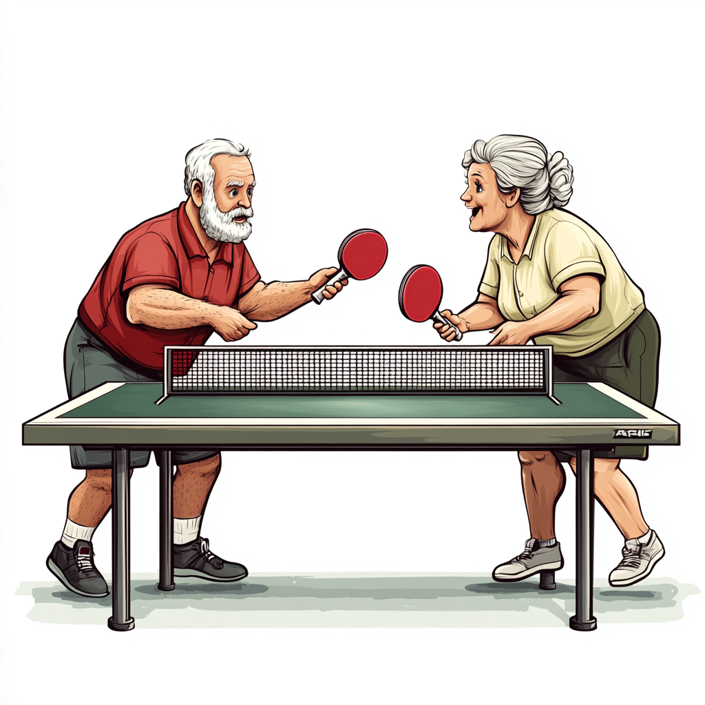 Cartoon Couple Playing Ping Pong Match Aged 50