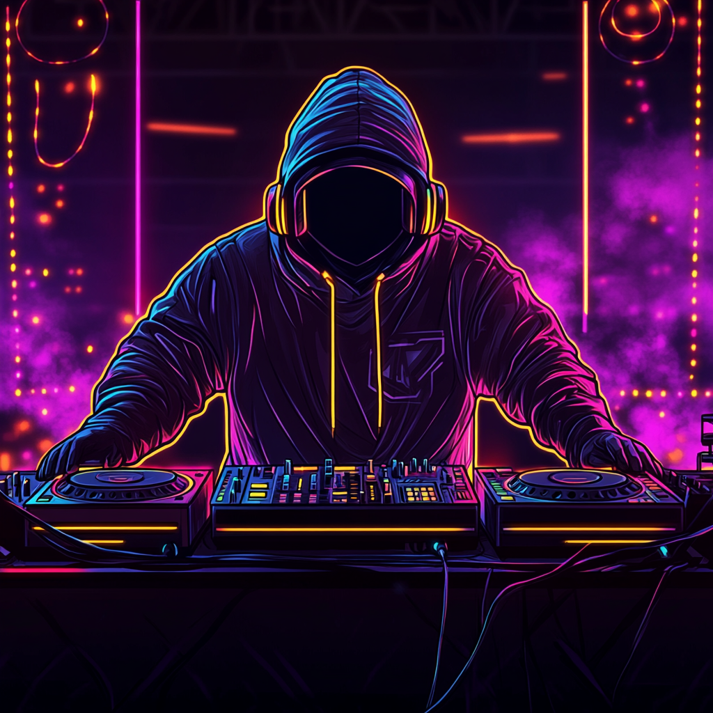 Cartoon DJ at Festival with Neon Colors