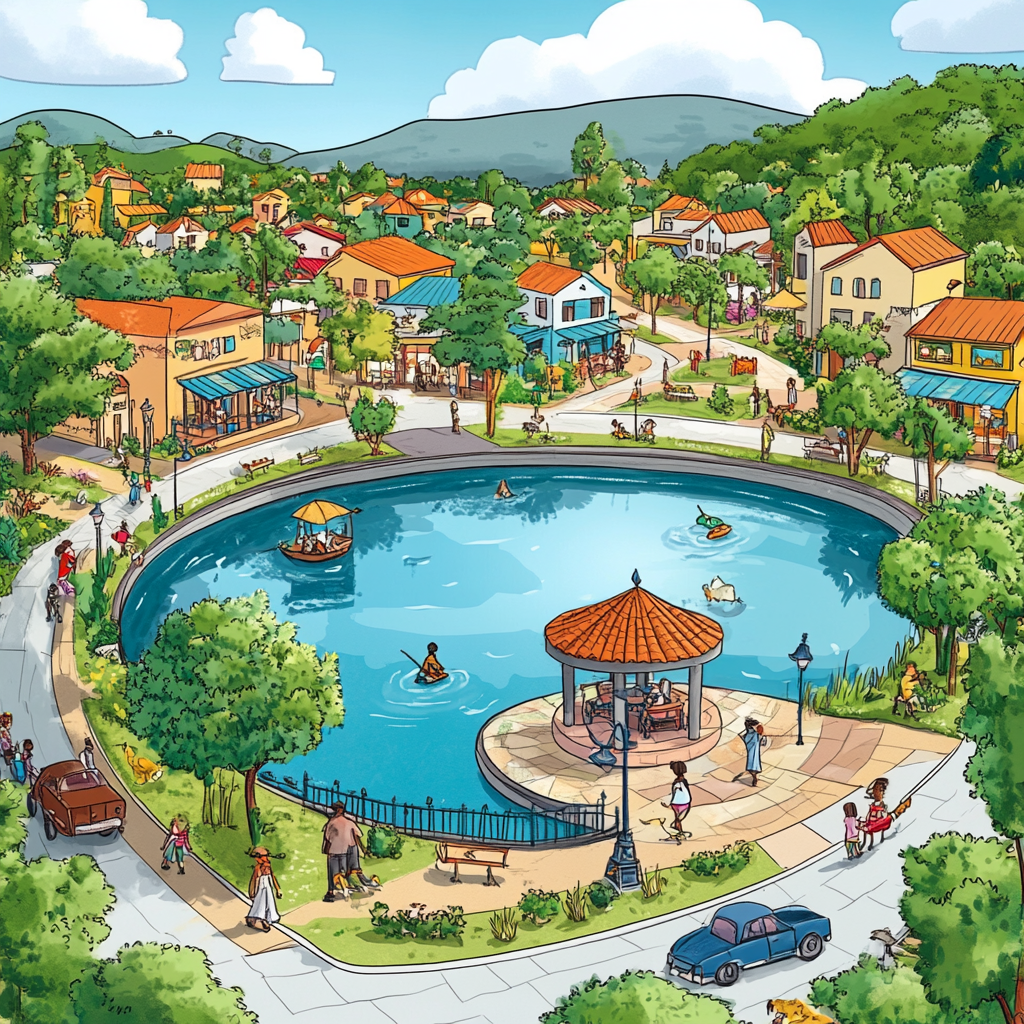 Cartoon East Africa Town with Lake, Street, Park