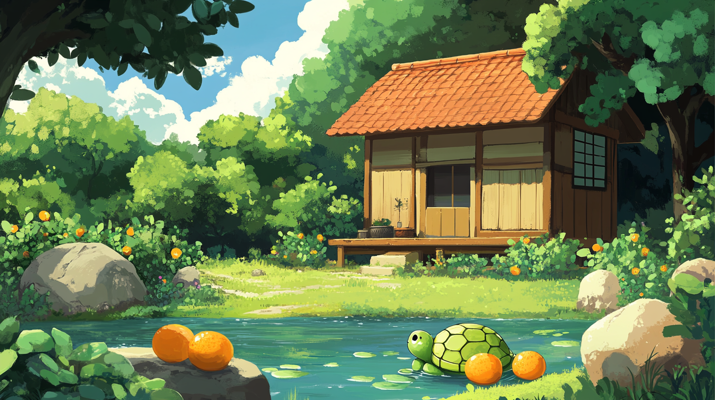 Cartoon Green Turtle resting in pond with oranges, Japanese house.