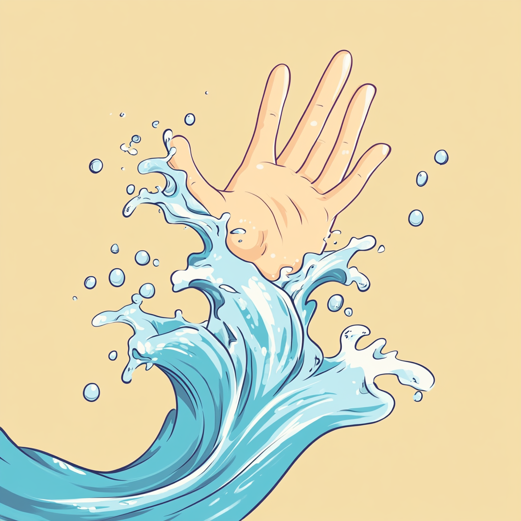 Cartoon Hand Waving in Ocean Wave Illustration