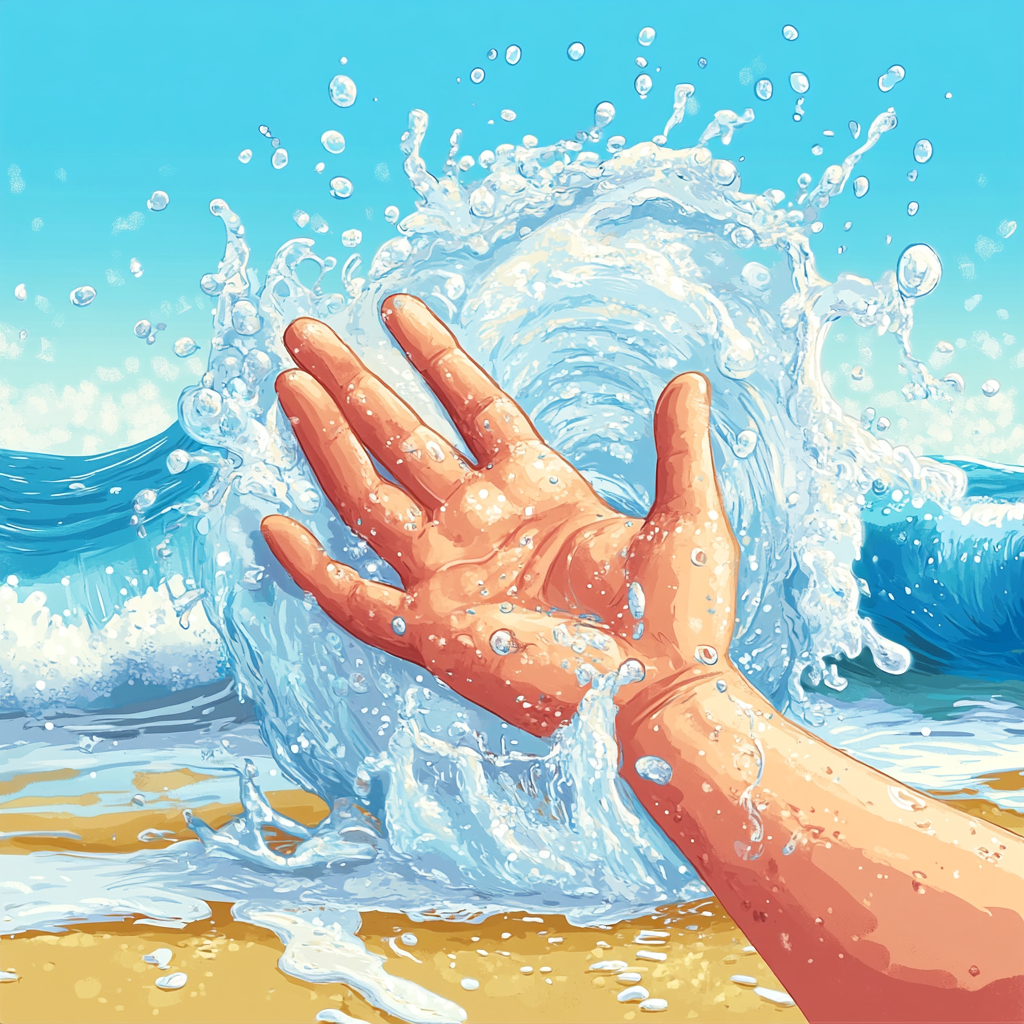 Cartoon Hand Waving with Ocean Wave Splash Animation