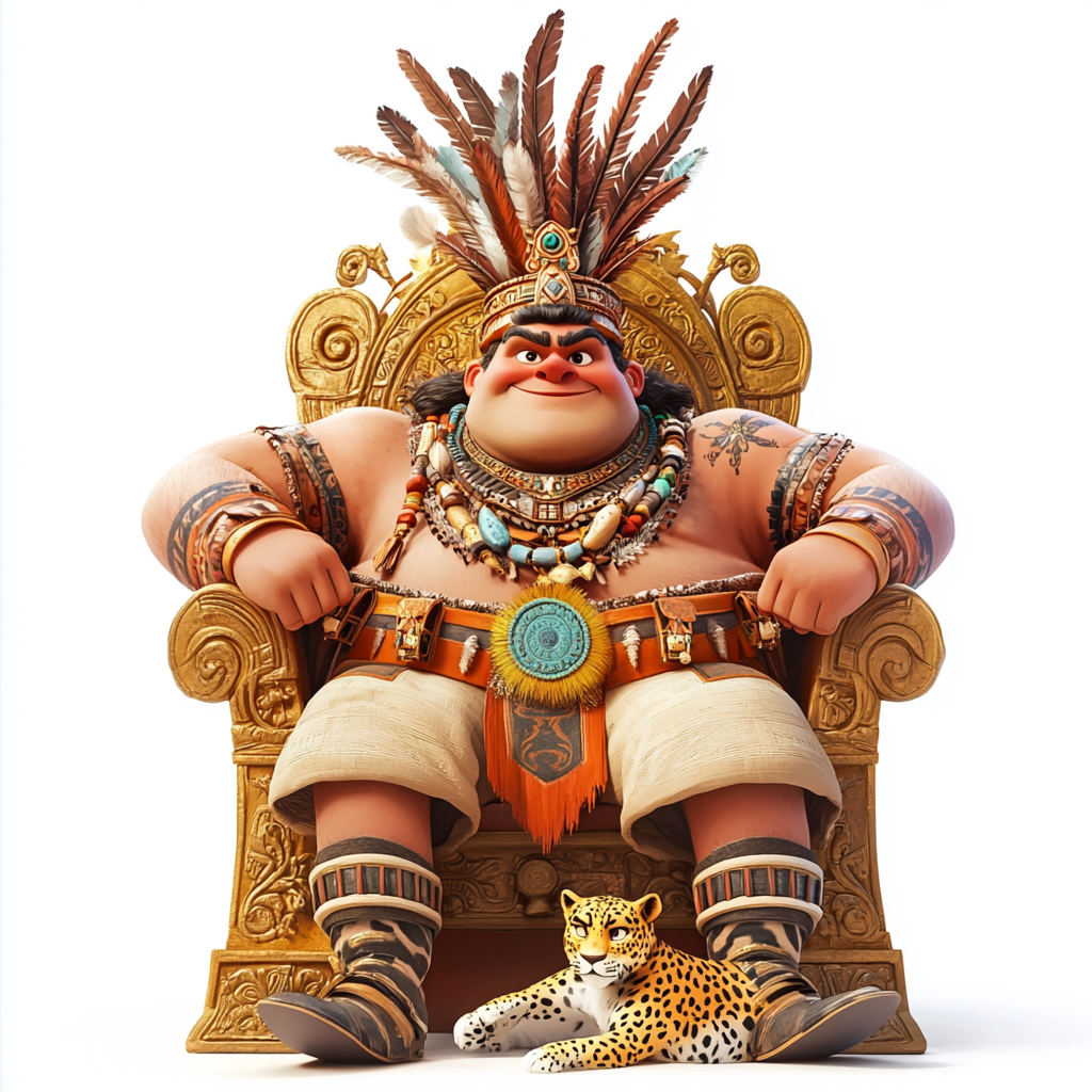 Cartoon King on Aztec Throne, Golden Crown, Leopard