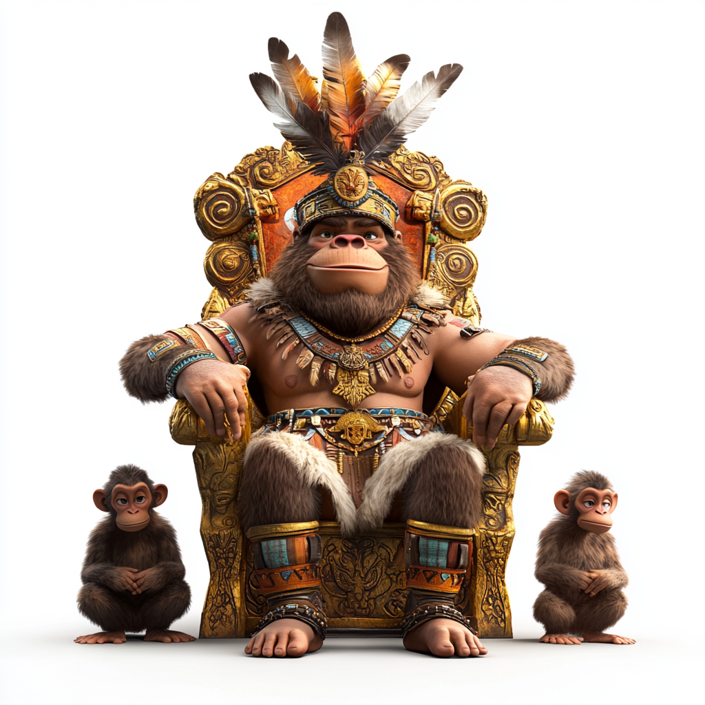 Cartoon King on Golden Aztec Throne with Monkeys