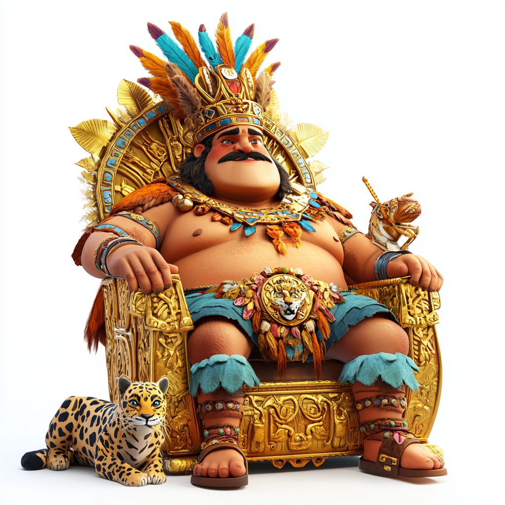 Cartoon King on Golden Throne with Feathers 