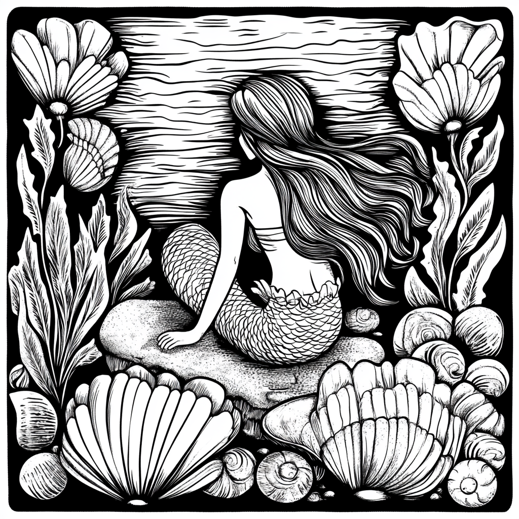 Cartoon Mermaid on Rock with Seashells Illustration - 1:1