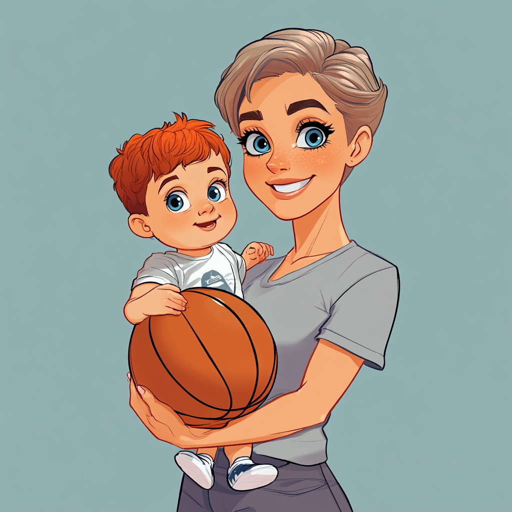 Cartoon Mom with Silver Pixie Hair Holding Baby Boy 