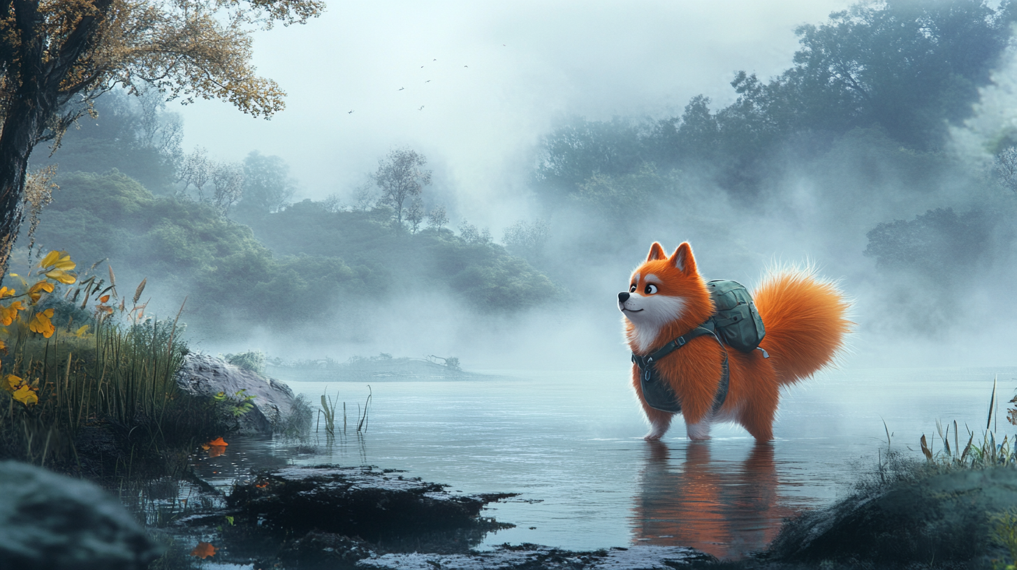 Cartoon Pomeranian with knapsack walks in foggy setting.