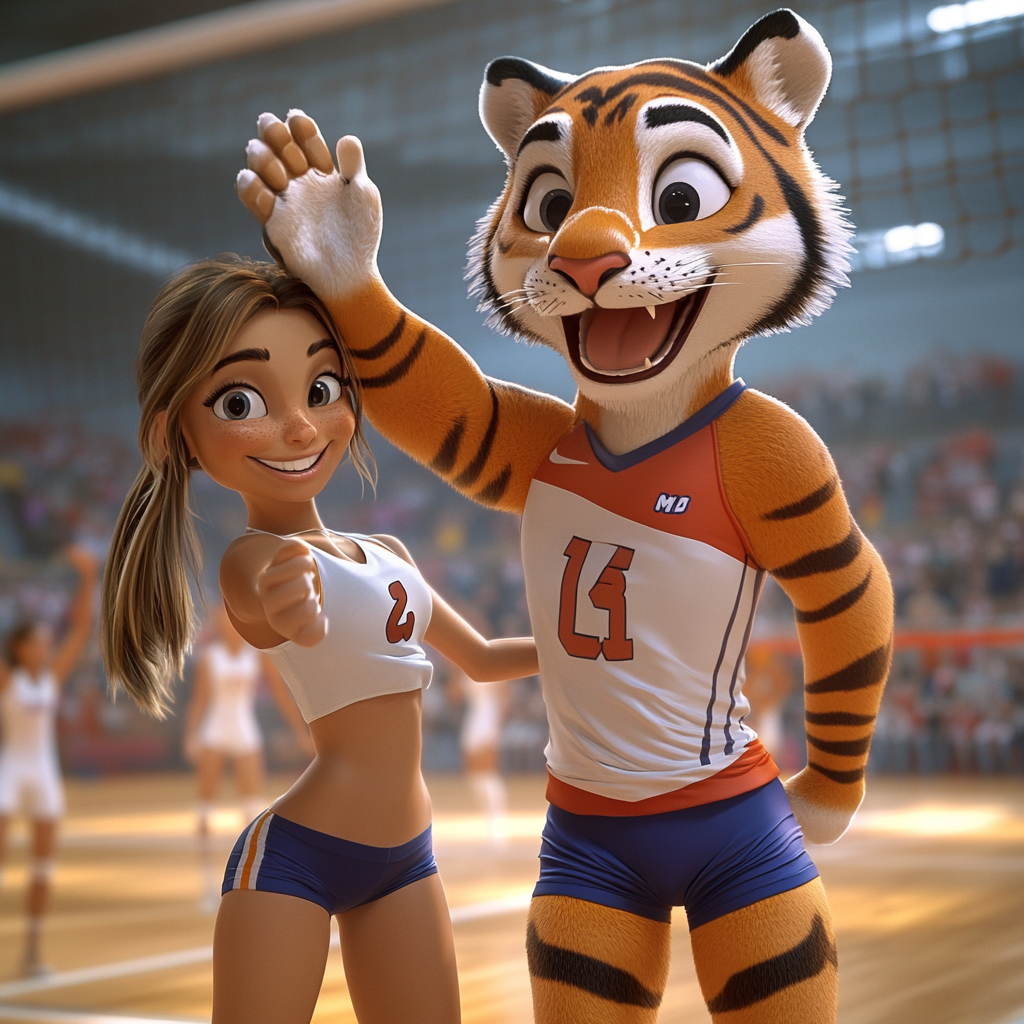 Cartoon Tiger in volleyball uniform giving high five.