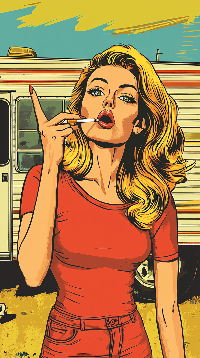 Cartoon Woman Stops, Holds Cigarette Outside Trailer.