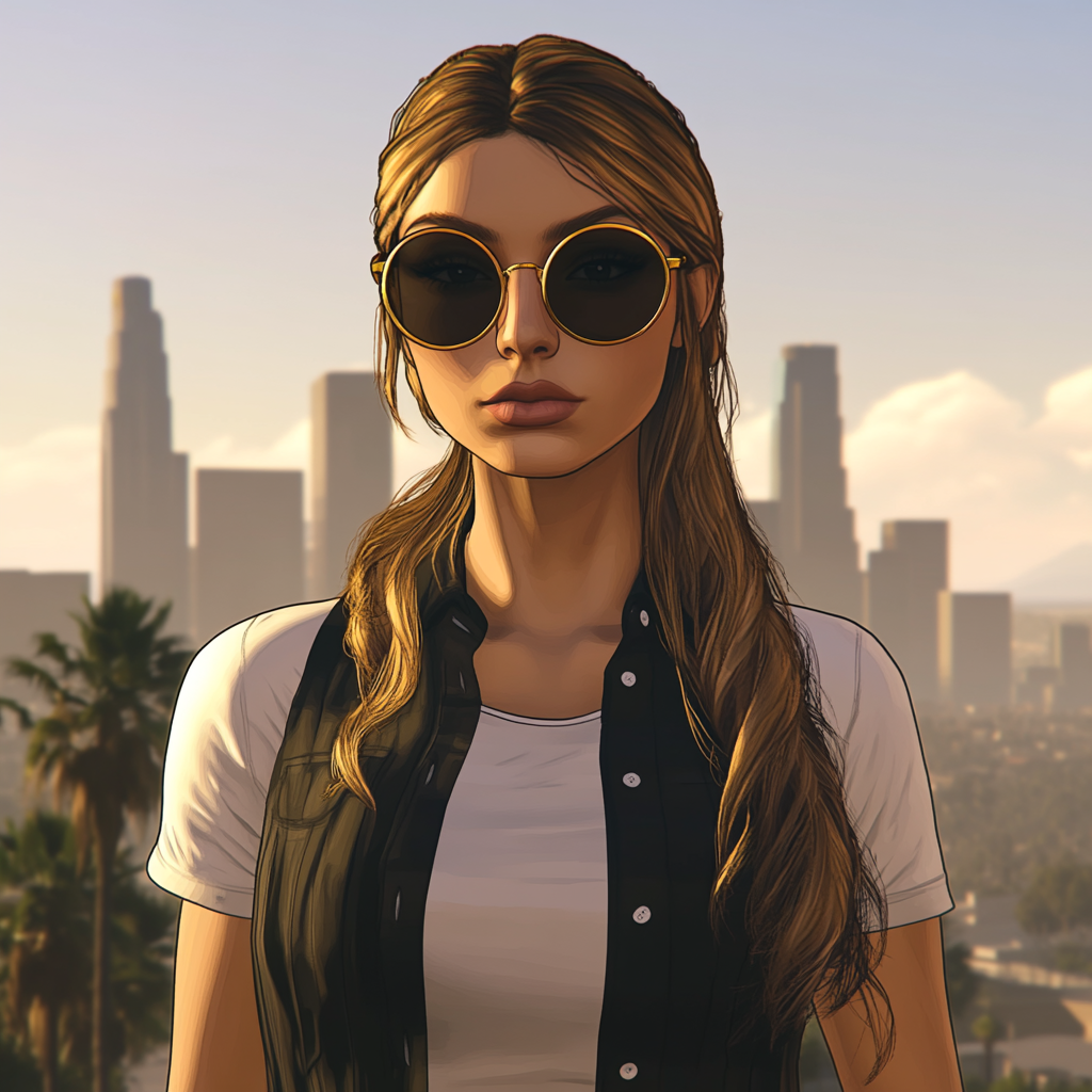 Cartoon Young Woman in Black Sunglasses in LA