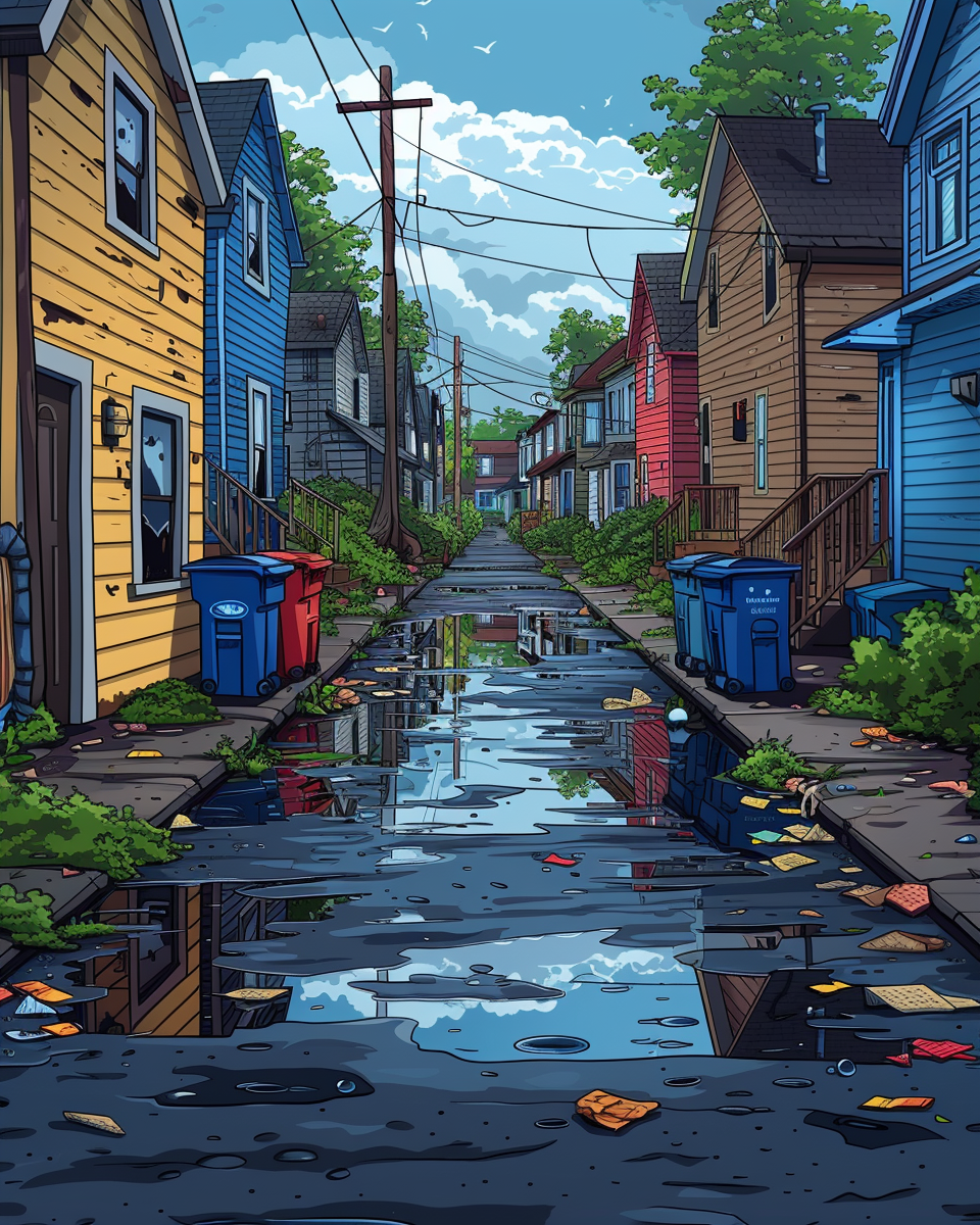 Cartoon alley behind homes, motorbike, recycling bins, raindrops, chair.