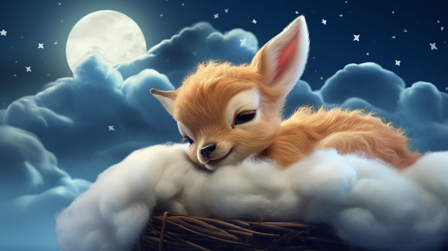 Cartoon baby deer asleep on starry cloud in HD