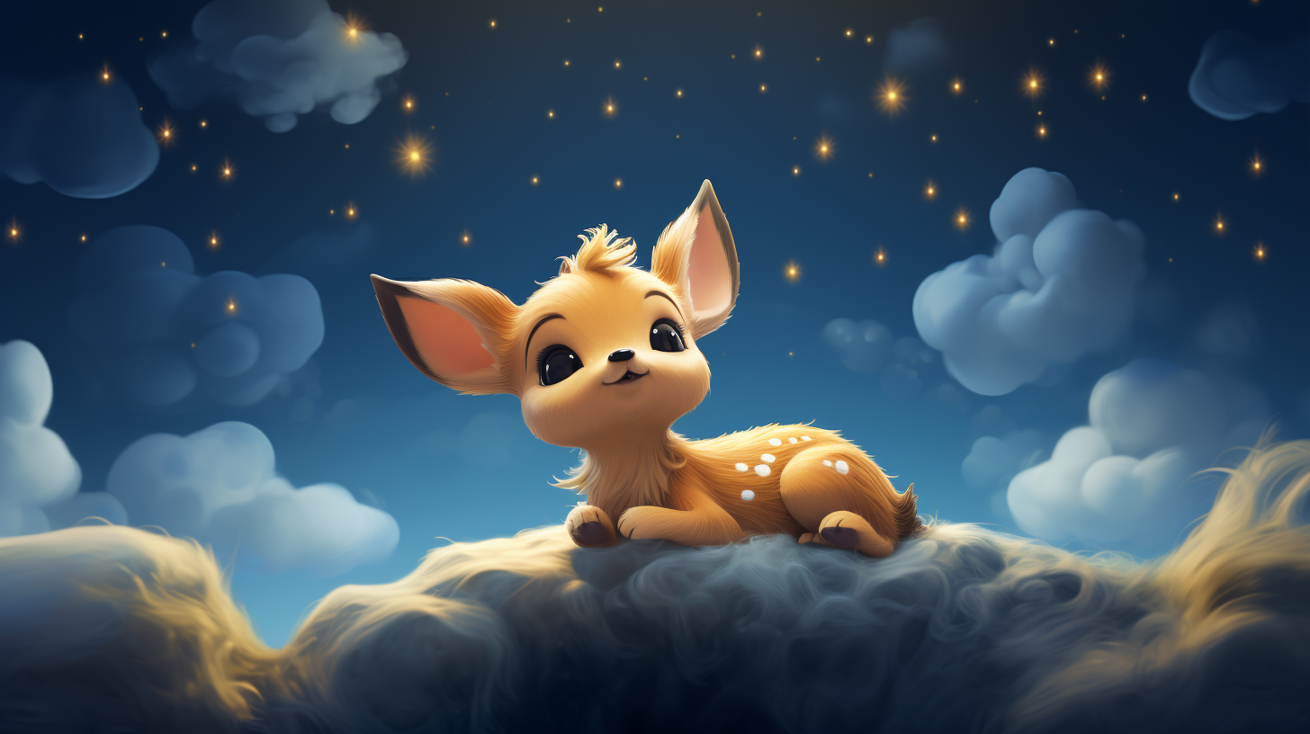 Cartoon baby deer sleeping on clouds under starry sky.