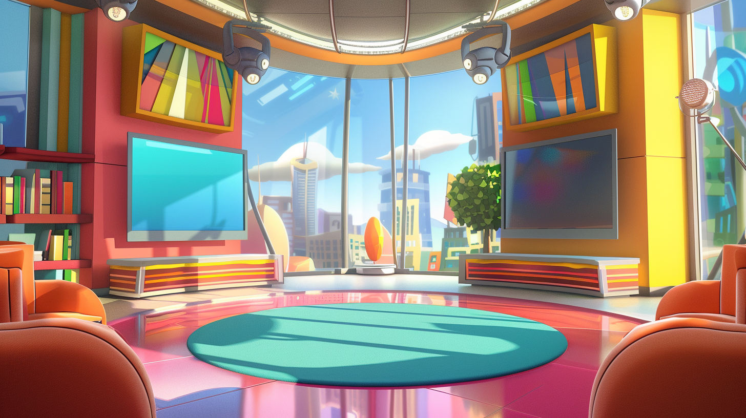 Cartoon background of ARCANE TV studio setting.