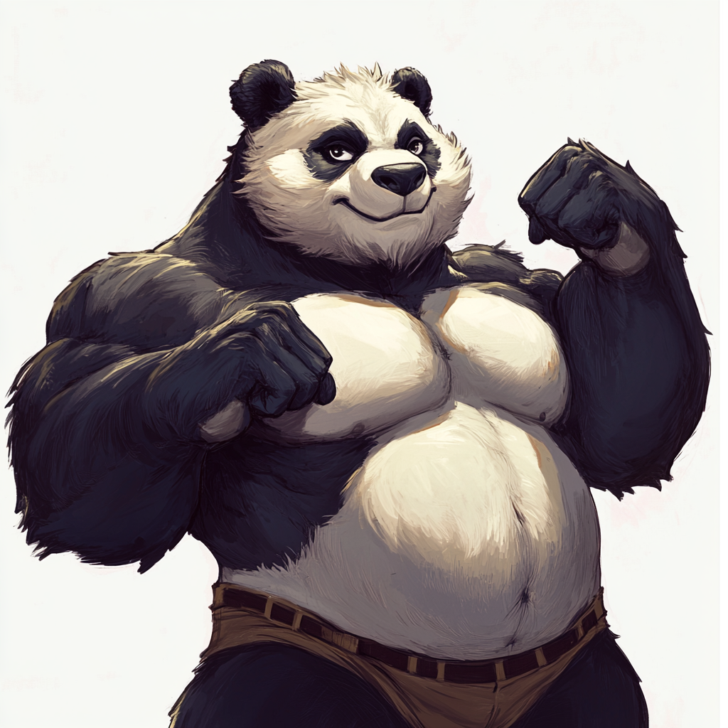 Cartoon buff Panda flexing bicep, smug look.