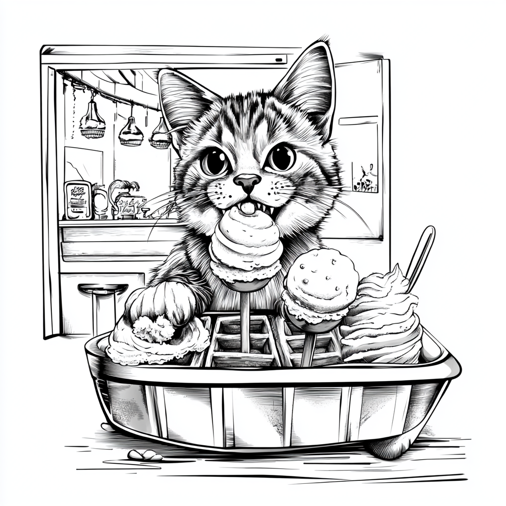 Cartoon cat eats ice cream in parlor